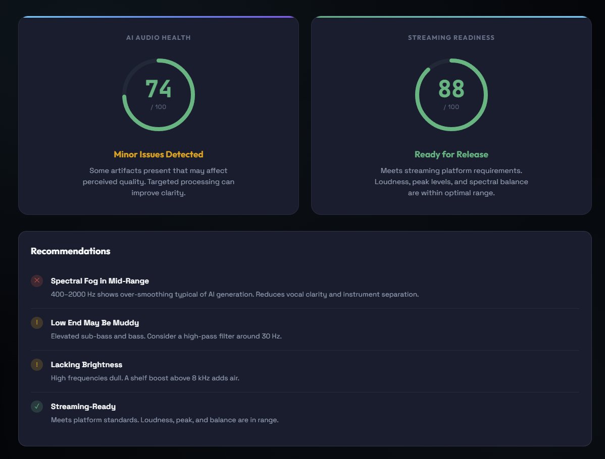 MasterForge Audio Analyzer showing AI Audio Health score of 74/100 and Streaming Readiness score of 88/100 with specific recommendations