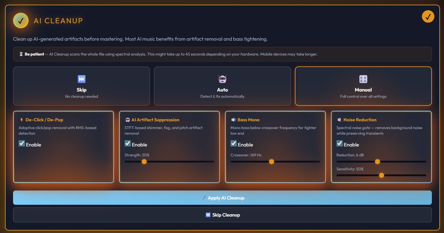 AI Cleanup section showing De-Click/De-Pop, AI Artifact Suppression, Bass Mono, and Noise Reduction controls with Skip, Auto, and Manual modes