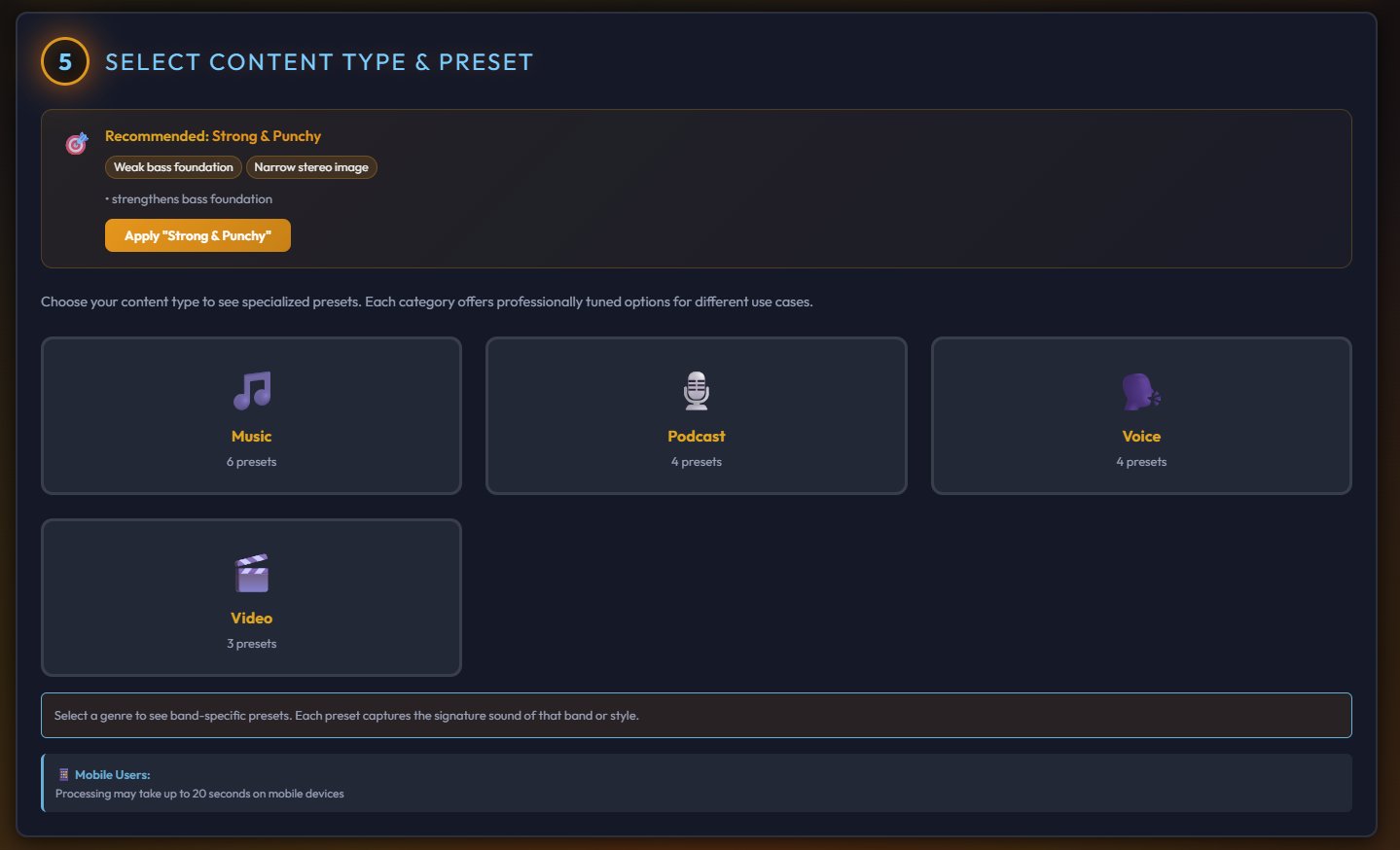 Content type and preset selection showing Music, Podcast, Voice, and Video categories with preset recommendation
