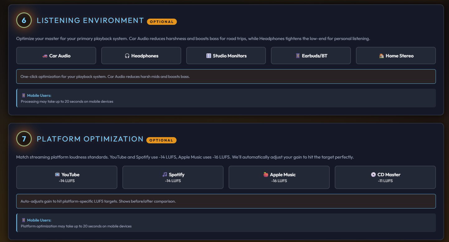 Listening environment selector with Car Audio, Headphones, Studio Monitors, Earbuds, Home Stereo options and platform loudness targets