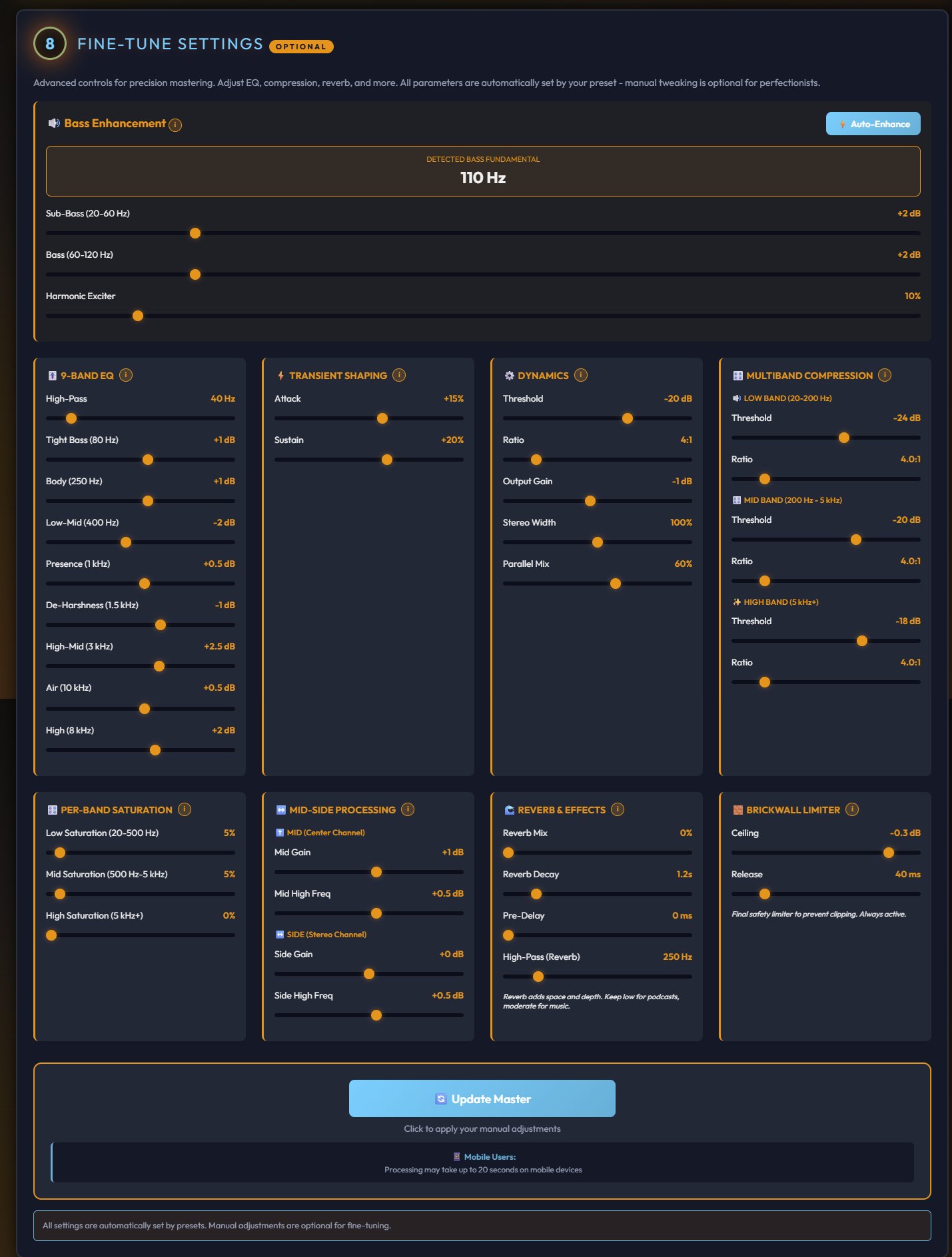 Fine-tune settings showing 9-band EQ, transient shaping, dynamics, multiband compression, per-band saturation, mid-side processing, reverb, and brickwall limiter