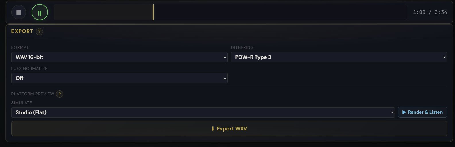Pro Master export panel showing format selection (WAV 16-bit), dithering (POW-R Type 3), LUFS normalize off, and a platform preview simulator set to Studio (Flat) with a Render & Listen button and Export WAV button below