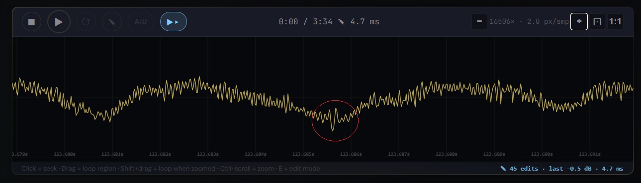 Pro Master waveform editor at 16506x zoom showing a codec click artifact at 123.685s, circled in red, clearly visible as a sharp foreign oscillation against the surrounding smooth signal