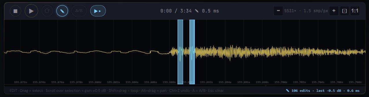 Waveform editor showing two adjacent cyan edit regions at approximately 155.688s and 155.691s on a vocal onset, covering sub-millisecond click events