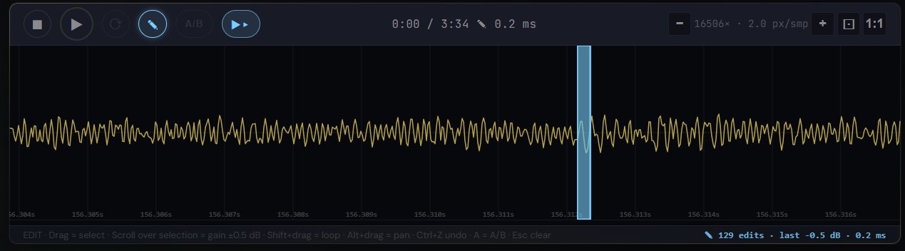 Waveform editor at 16506x zoom showing a single click edit in progress, cyan selection marker highlighting a narrow region around 156.312s where a codec artifact has been attenuated