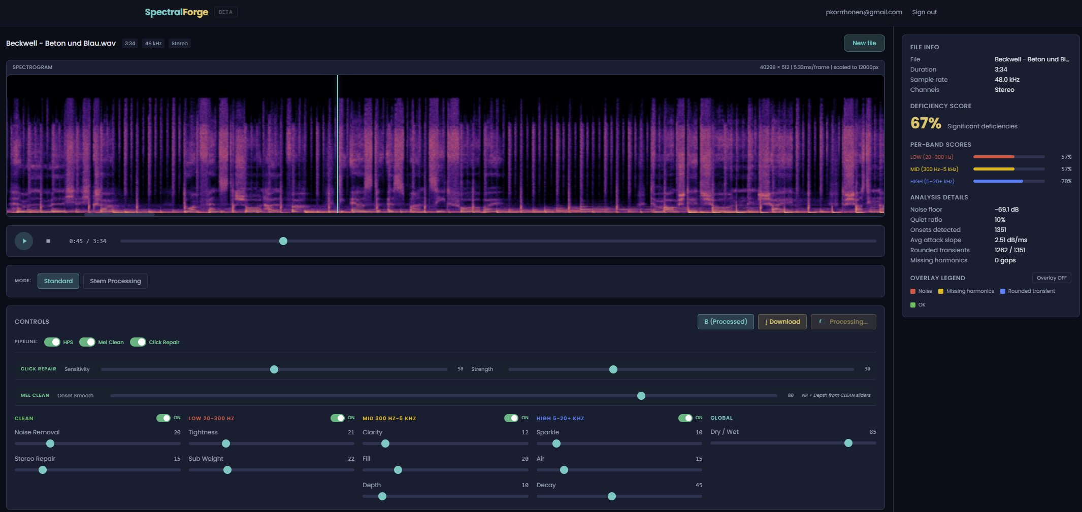 SpectralForge standard mode showing HPS, Mel Clean, and Click Repair pipeline toggles with sensitivity and strength controls, plus multi-band clean controls for Low, Mid, High, and Global bands