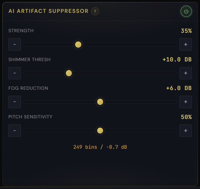 AI Artifact Suppressor panel with strength, shimmer, fog, and pitch controls