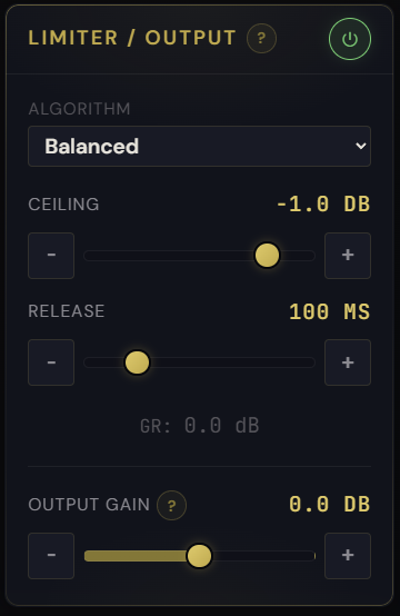 Brickwall Limiter panel with algorithm picker, ceiling, and release controls