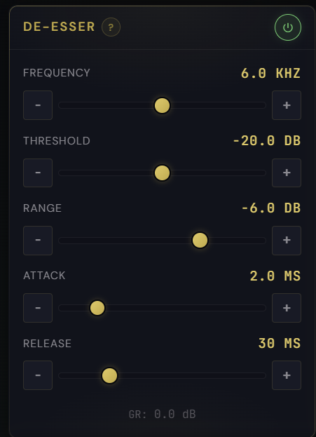 De-Esser panel showing frequency, threshold, range, attack and release controls