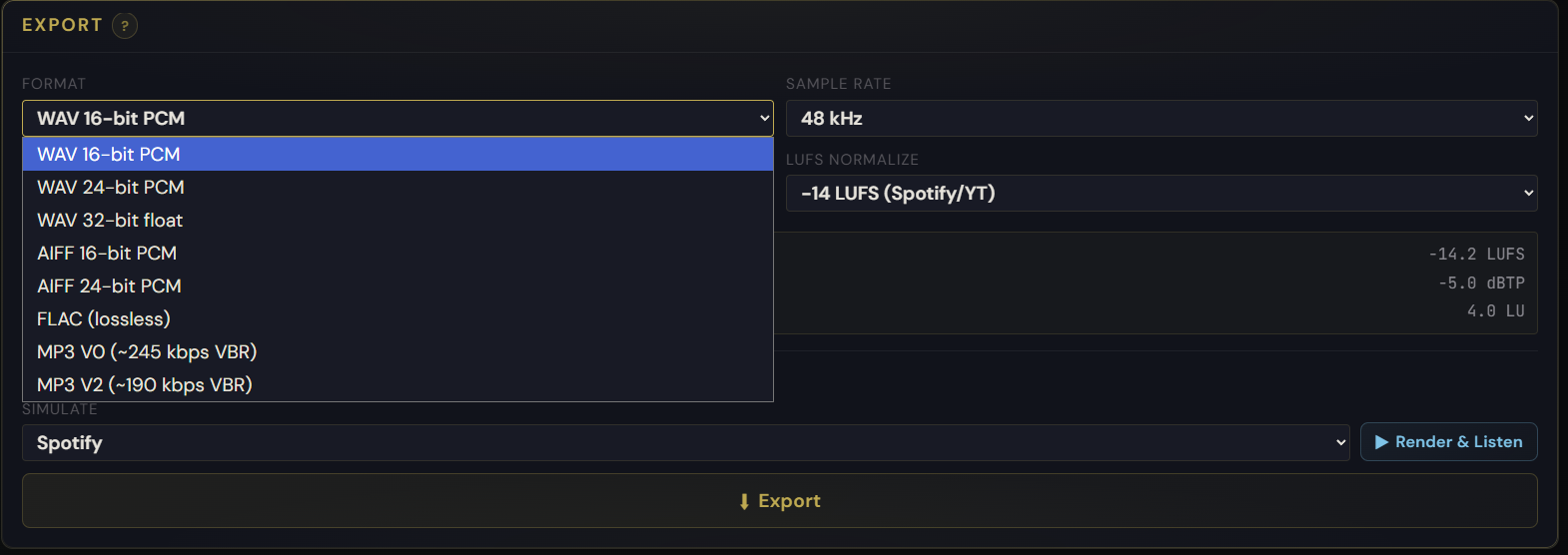 Pro Master export panel with format and sample rate pickers