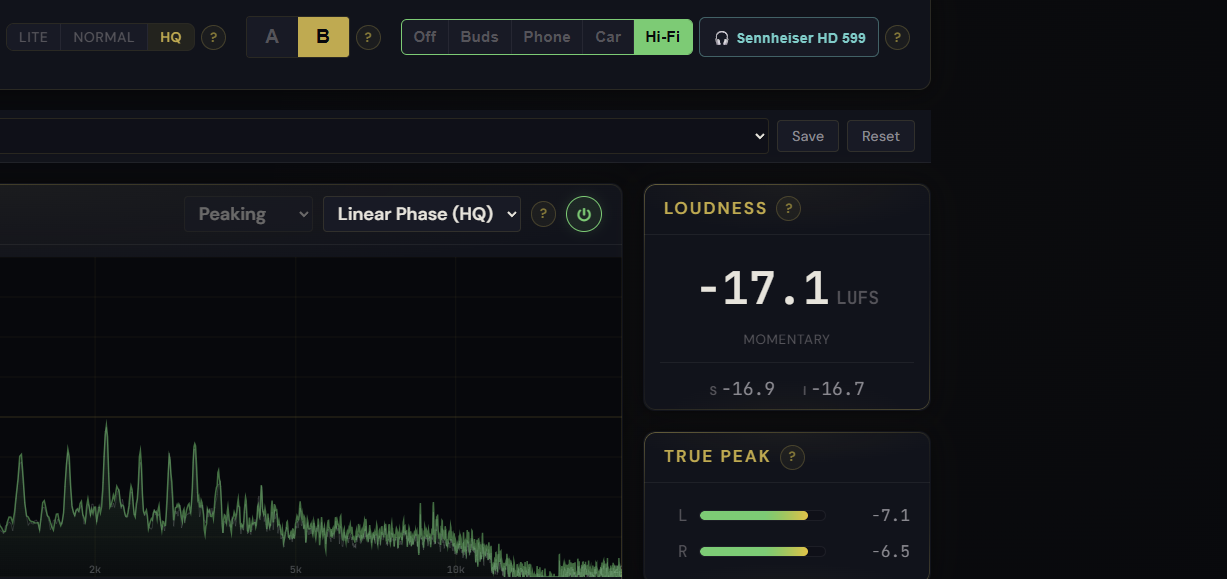 Pro Master Monitor control with an Off / Earbuds / Phone / Car / Hi-Fi selector, a headphone picker, and a monitor-only badge