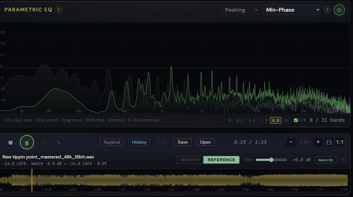 Match EQ popover with current chain in gold and proposed match curve as sage-green dashed overlay
