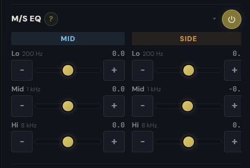 M/S EQ panel with Mid Lo/Mid/Hi and Side Lo/Mid/Hi shelves