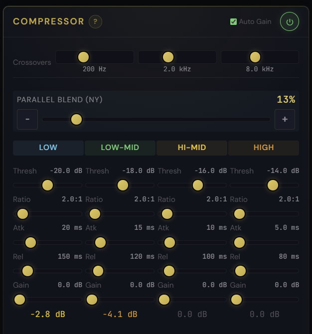 Multiband Compressor panel showing four bands and parallel blend