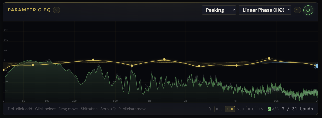 Parametric EQ visualizer with several active bands and mode pickers