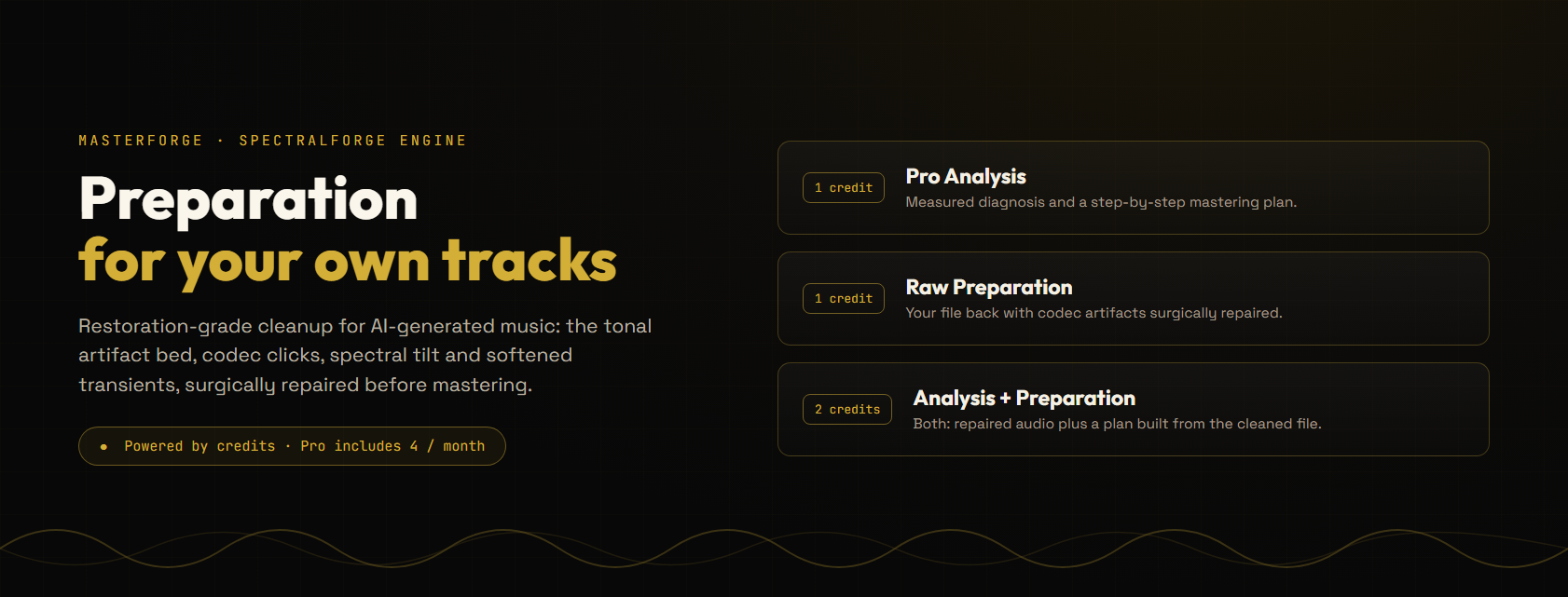 The Preparation service: three credit-powered modes, Pro Analysis, Raw Preparation, and Analysis plus Preparation