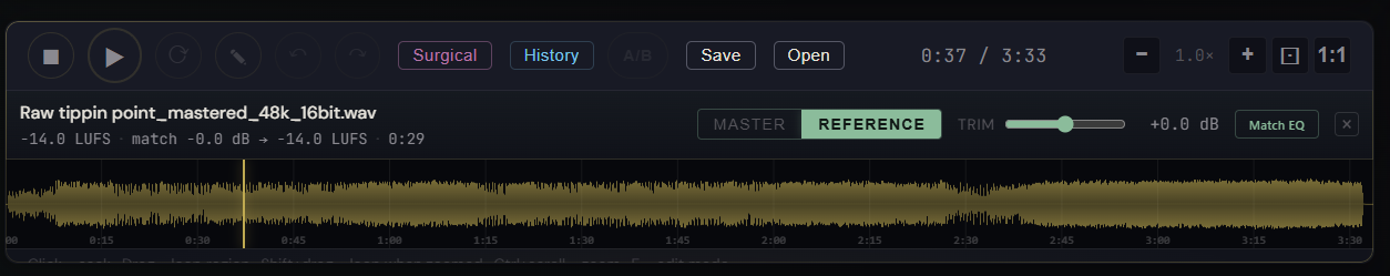 Reference strip below the waveform with loaded reference, LUFS readout, and Master/Reference toggle