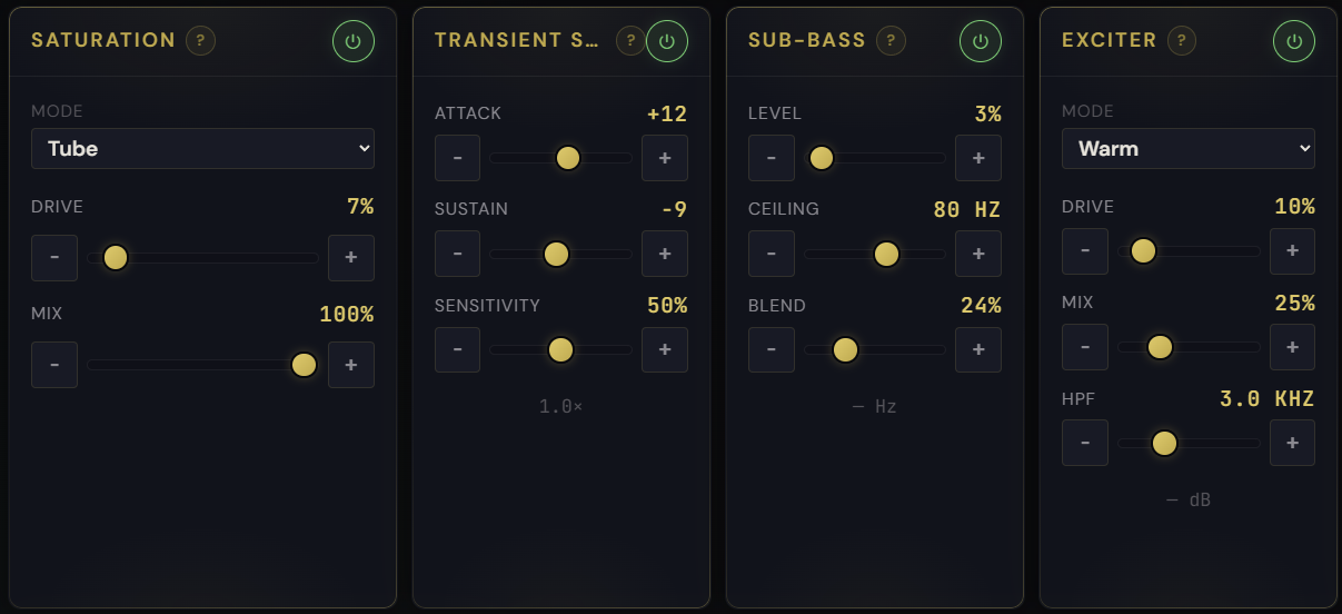 Four tone-shaping modules side by side in Pro Master
