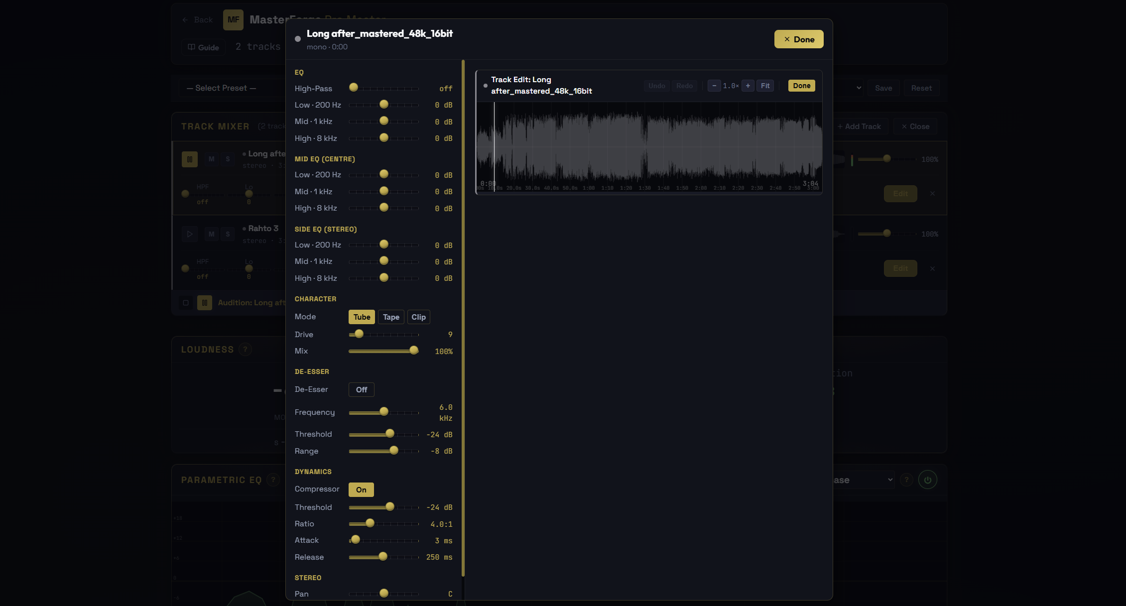 The full-screen per-stem editor: a stem's waveform beside a channel strip with EQ, Mid/Side EQ, Character saturation, De-Esser, Compressor, and Stereo controls
