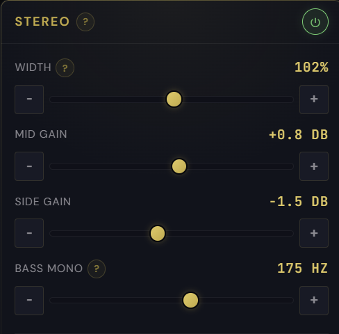 Stereo Imager panel with width, mid/side gain, bass mono, and multiband expander controls
