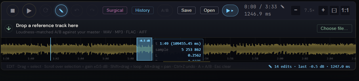 Waveform zoomed in to sample level showing individual frames