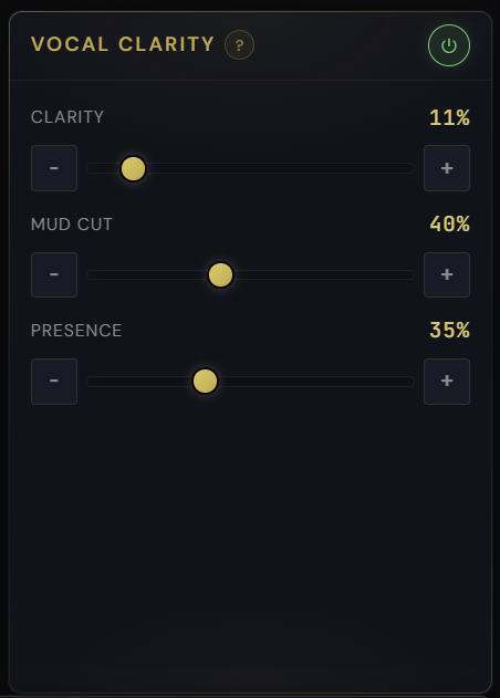 Vocal Clarity Engine with Clarity, Mud, and Presence sliders