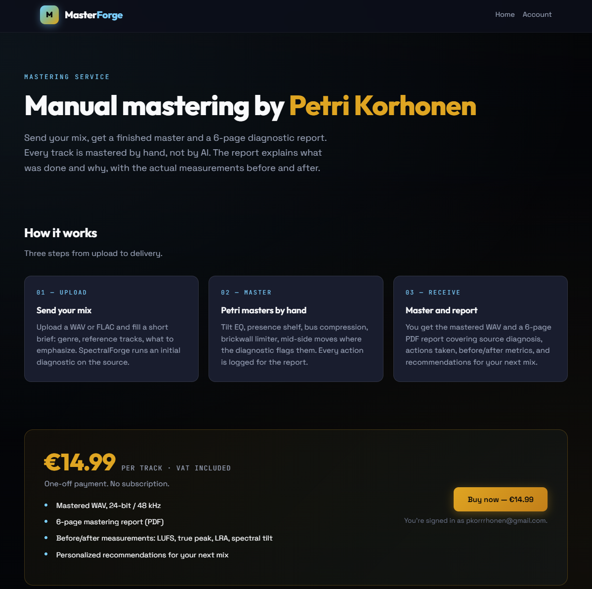 Mastering service landing page: Manual mastering by Petri Korhonen, €14.99 per track