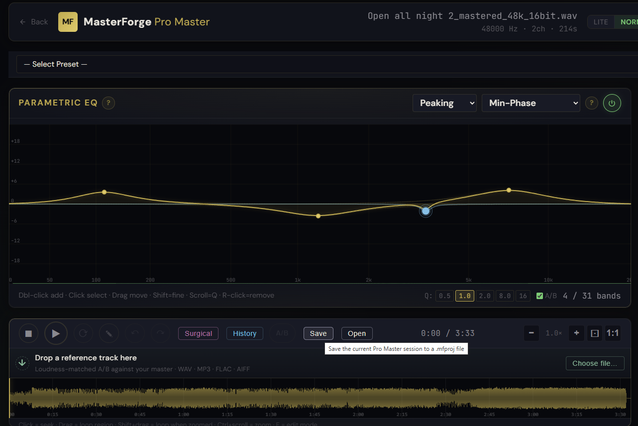Pro Master EQ view with the new Save and Open buttons in the waveform toolbar