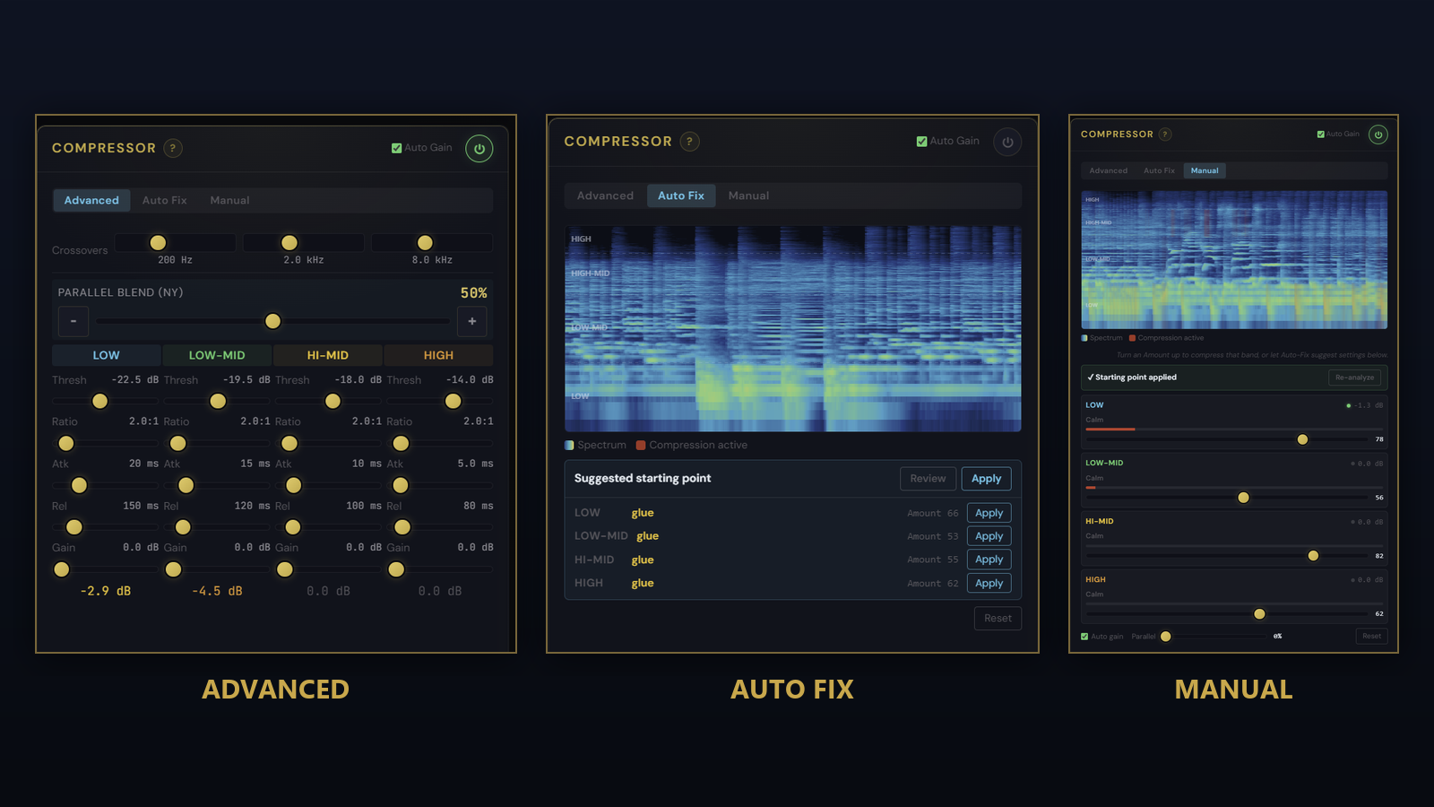 Pro Master Compressor panel shown in its three modes side by side: Advanced, Auto Fix, and Manual