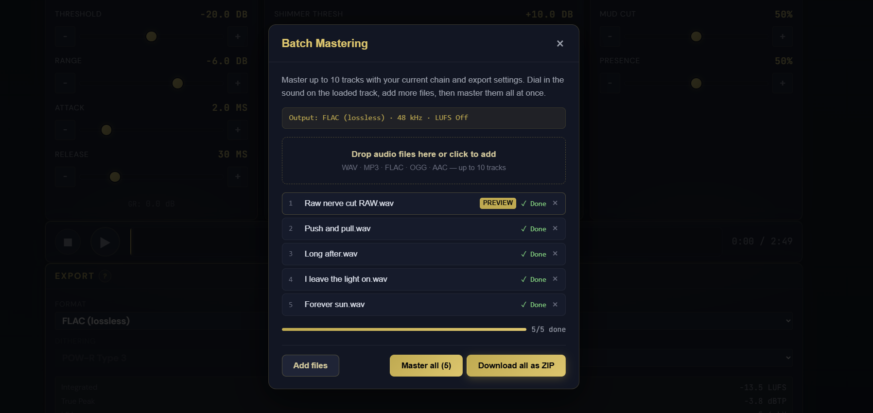 Pro Master Batch Mastering panel showing four tracks queued and mastered, each marked Done, with a Download all as ZIP button