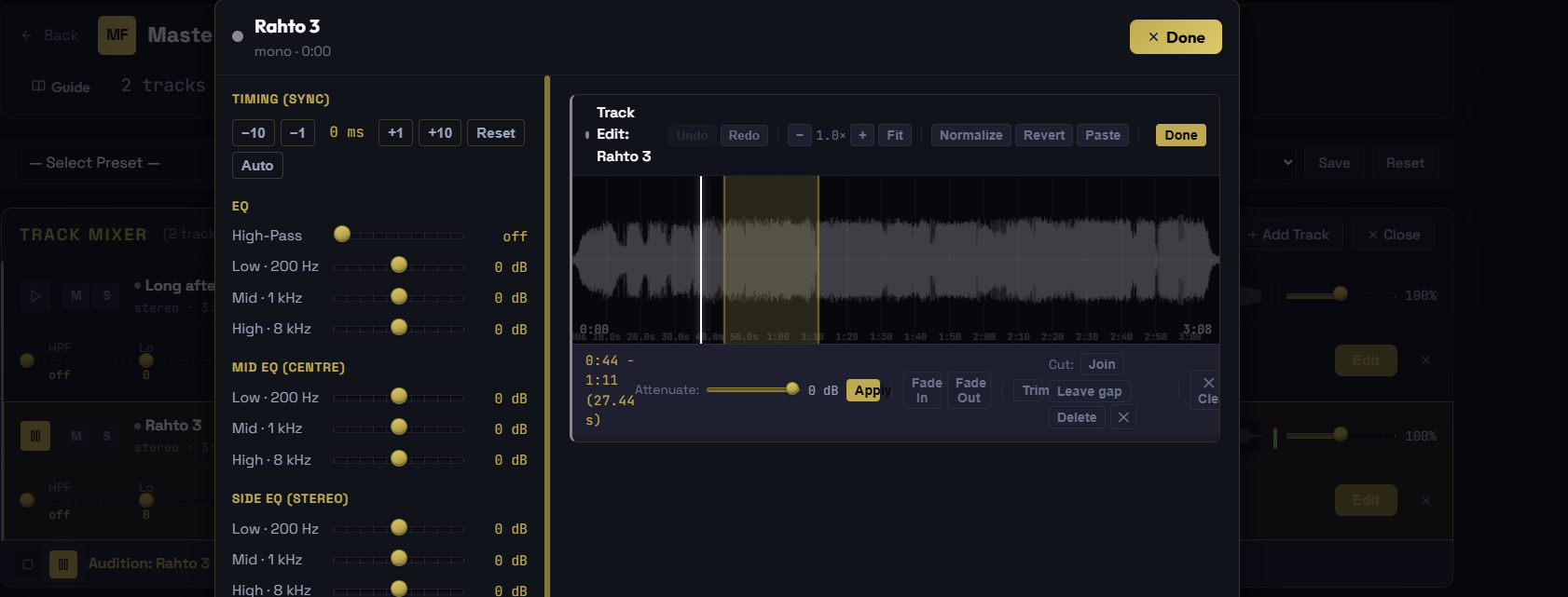 A stem's waveform in the editor with a selection and the editing toolbar: fade, cut, trim, normalize, and revert